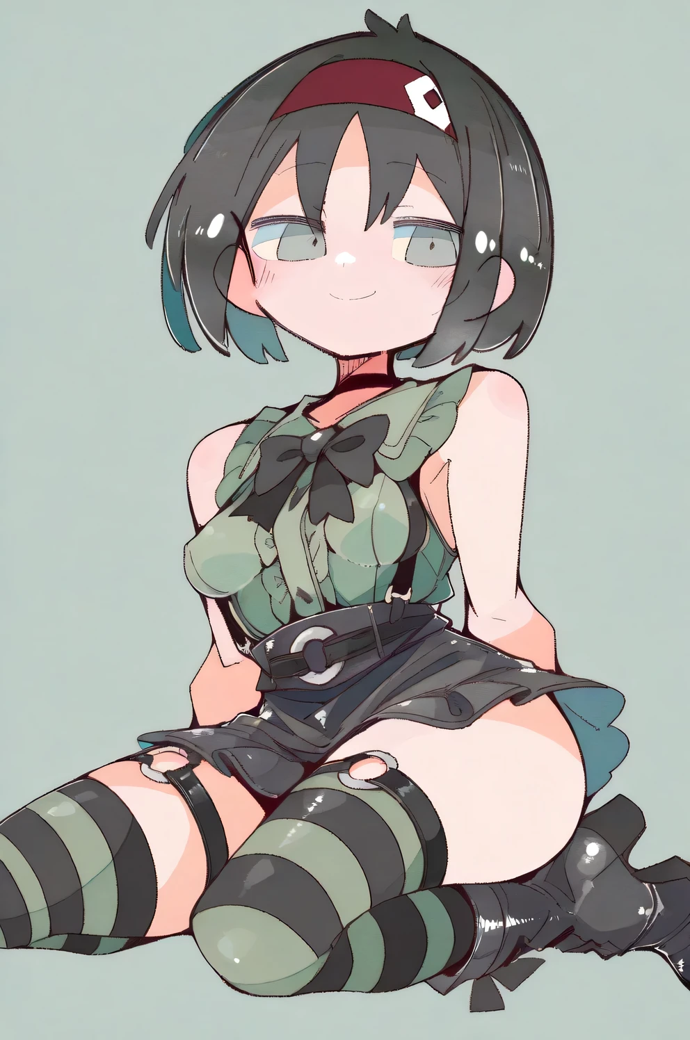 Full nude_Nude humiliation confession Dilated female genitalia Spread your legs gloomy Vigilance weak childish Small breasts Black Hair Green Mesh Bust A cup Girl Japanese anime hand drawn illustration