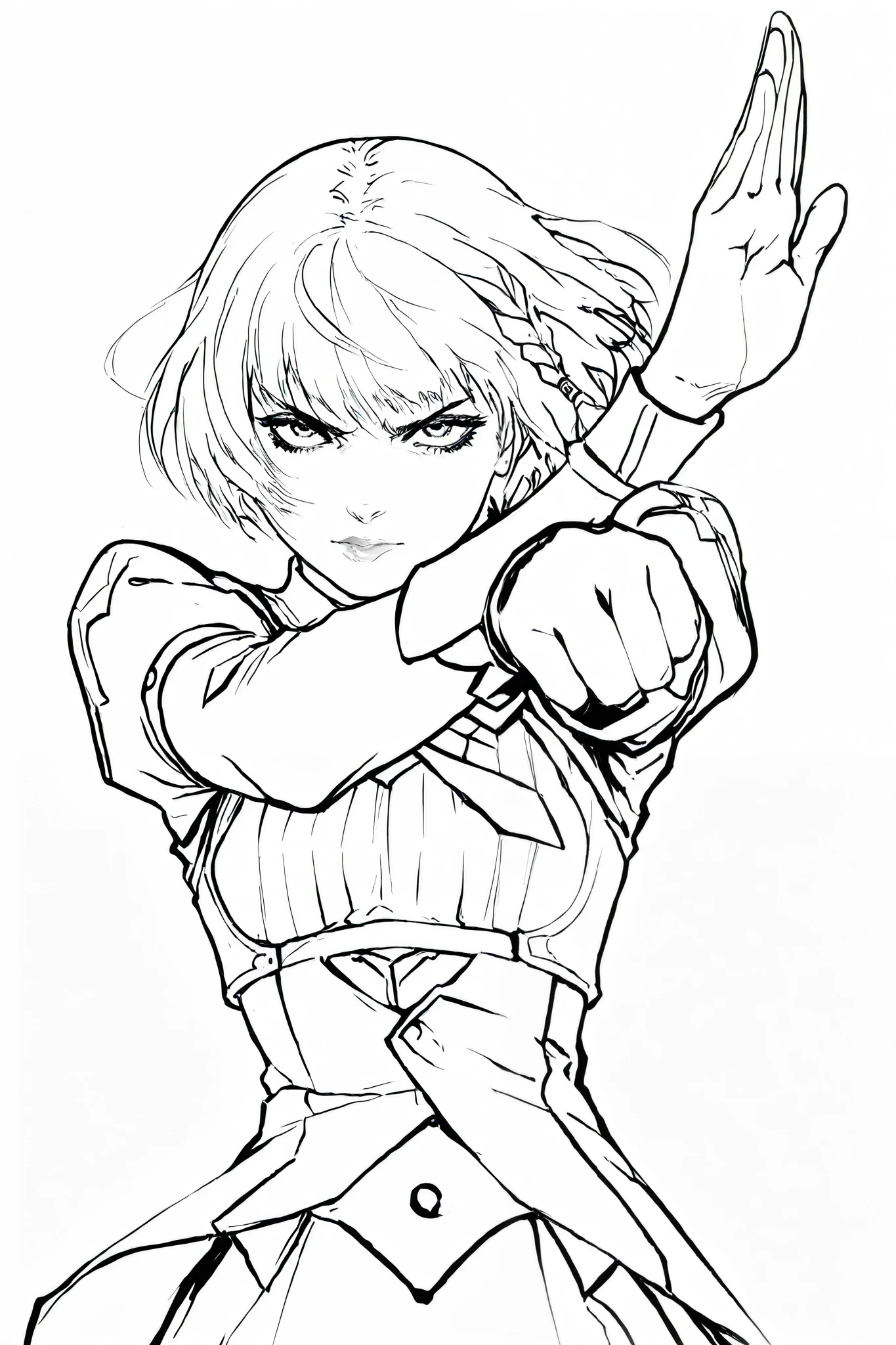 HDR, 8K, high contrast, masterpiece, best quality, amazing quality, very aesthetic, anime artstyle, realistic, newest, 
BREAK
monochrome, greyscale, Line art, lineart, Timbrook
BREAK
1girl, Alisa Bosconovitch, battle pose, dynamic pose, foreshortening, bust shot.
