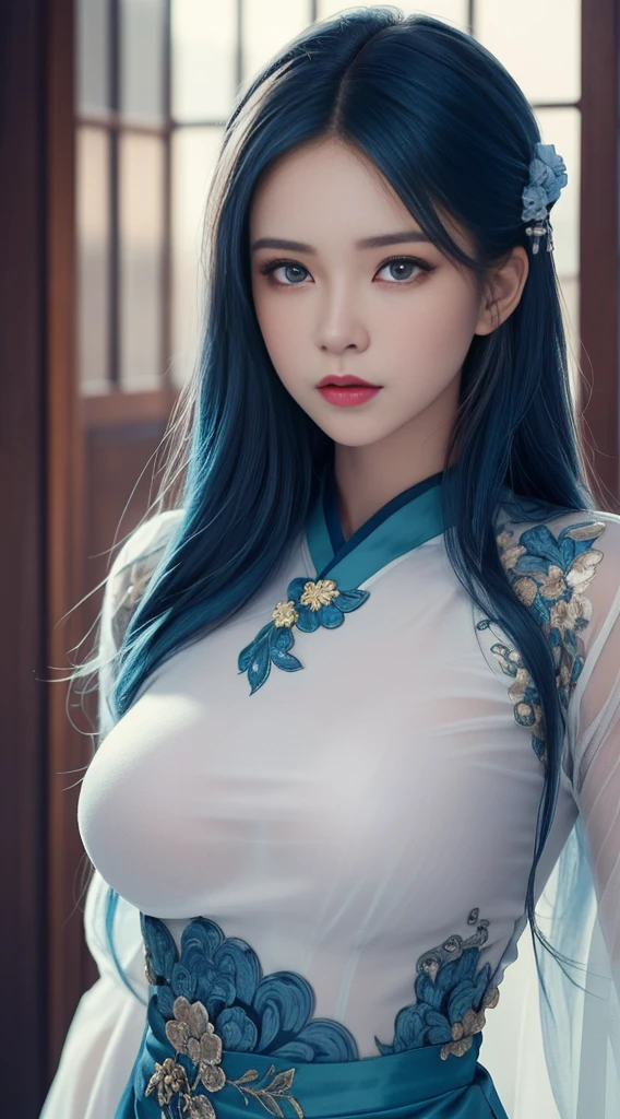 (Hyperrealistic), (illustration), (high resolution), (8K), (Extremely detailed), (Best Illustration), (Beautiful detailed eyes), (Best quality), (Ultra-detailed), (Masterpiece), (the wallpaper), (Photorealistic), (Natural light), (rim lit), (Detailed face), (Highly detailed realistic skin textures), (Anatomically correct), (Solo), (1 girl), (high detailed realistic hair), (Blue hair:1.2), spiked hair, (Heterochromic eyes), (detailed green eyes), (Small moles under the eyes), (Realistic big breasts:1.5), (Exposed breasts:1.3), (Long legs), (Slender abs), (Dynamic pose), (Closed mouth:1.3), (traditional Hanfu attire), (Sheer clothes:1.5), NSFW,