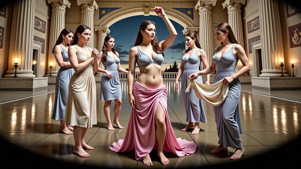 chiaroscuro technique on sensual illustration of a gradient background, soft textures, a woman in a beautiful dress, detailed facial features, long eyelashes, pearl necklace, wavy hair, serene expression, (best quality,4k,8k,highres,masterpiece:1.2),ultra-detailed,(realistic,photorealistic,photo-realistic:1.37),portrait,dramatic lighting,muted color palette,soft focus, the model draped in flowing, Use a gradient or a softly textured background to complement the overall tone