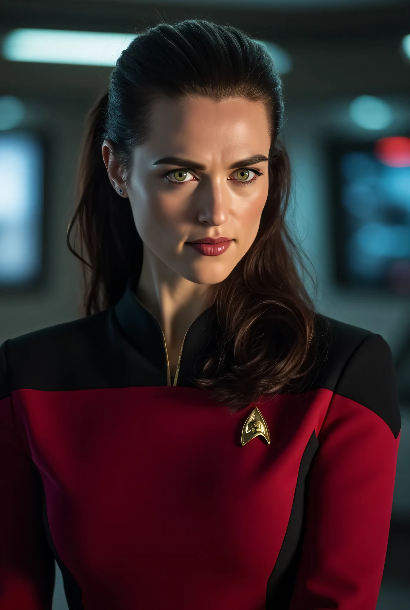 A breathtaking close-up of Kiernan's cinematic shot, , , , his piercing eyes and subtle features are illuminated by soft light, the futuristic glow of the spaceship bridge. Katie McGrath stands confident in her impeccably tailored Starfleet suit: The shape of the next generation of uniforms, , , her deep red team color highlights her fair skin. elegant, Tight workmanship fits her silhouette, decorated with the iconic Starfleet badge, shining in soft light ,  Behind her  , ,