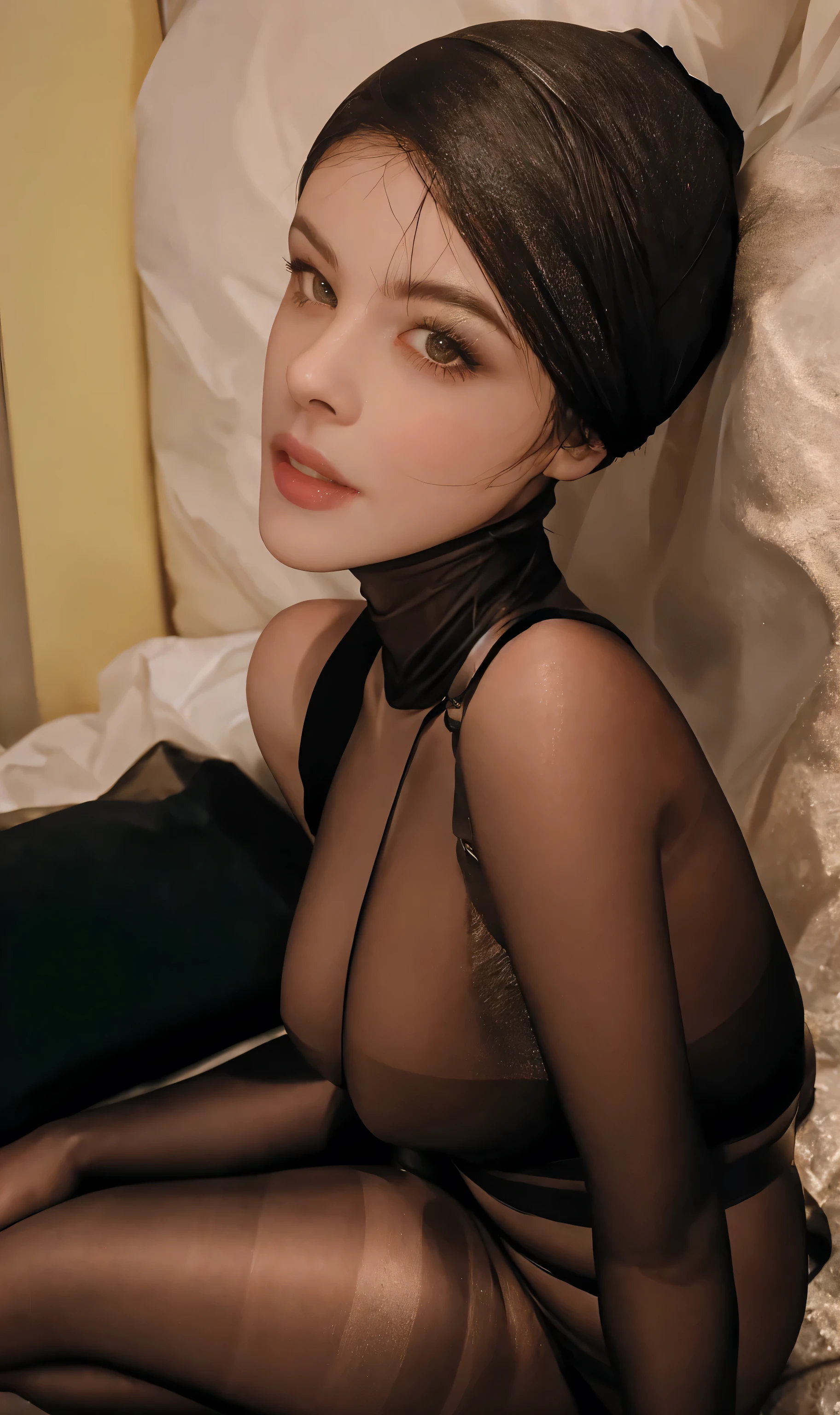 perfect anatomy, solo, absurdres,realistic,photo_(medium),1girl,nylonface:2.0,pantyhose on face:2.0,pantyhose face:2.0, licking, pantyhose body, 