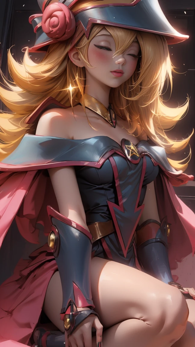 Hermosa joven dark magician gils con cabello rubio y ojos verdes、estilo animado、Little . Pose sujestiva y . Cara de inocencia cuerpo de pecado. Fondo de magia. Circulos magicos.