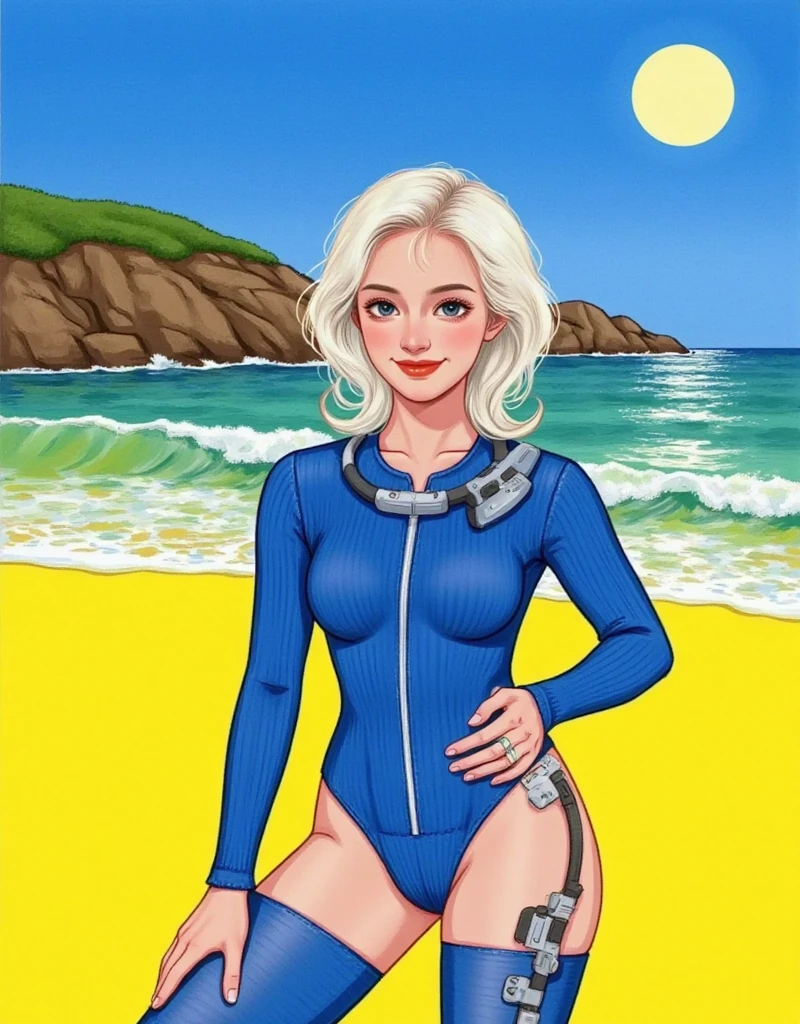 (masterpiece, highest quality:1.2), 1 girl, solo, 1 girl, Bianca, DQ5, illustration, anime style, long hair, blonde hair, single braid, blue eyes, smiling, blue one-piece swimsuit, beach, full body standing pose