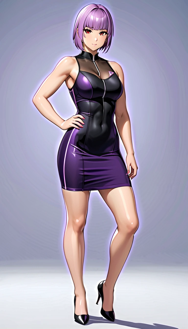 Misako ,(((sleeveless dark magenta tight short dress))), high heels,High quality, highly detailed, 4k, RAW photo, best quality,(shot from below:1.4),breasts cup c,, thick thighs,showing cleavage, wide hips, thin waist, realistic skin, beautiful colorful, black light painting,, Cinematic lighting, lush illumination, Maya render (Solo:1.1), (front facing:1.2),, grey eyes,