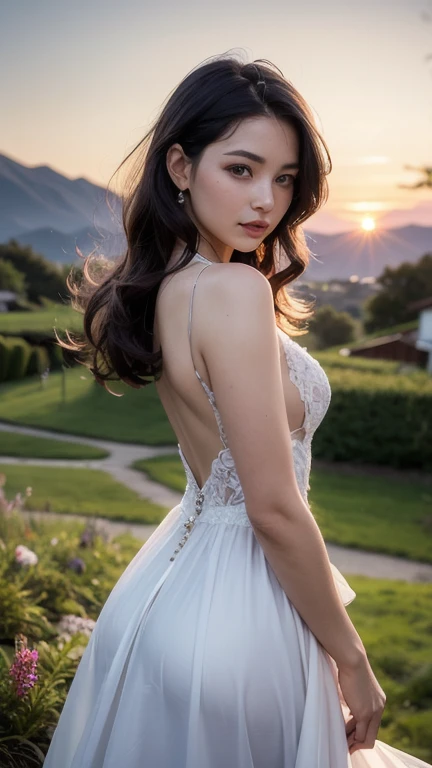 A beautiful woman stood atop a rocky outcropping, Her hair was swept up in loose curls that tumbled down her back, a subtle hint of makeup accentuated her high cheekbones, full lips, and flawless complexion. As she turned to face the camera, a soft smile played at the corners of her mouth, framing her delicate features and piercing blue eyes overlooking a breathtaking valley below. She wore a flowing wedding dress that billowed gently in the breeze ,the lace was delicately embroidered with tiny flowers and vines, while the hem was adorned with sparkling crystals that caught the light and glimmered like stars. In the foreground, a bed of wildflowers added a pop of color to the scene, with vibrant hues of pink, purple, and yellow. Bees buzzed lazily from blossom to blossom, collecting nectar in the golden light of the setting sun. The sun was setting behind the mountains, casting a warm orange glow across the vast landscape.