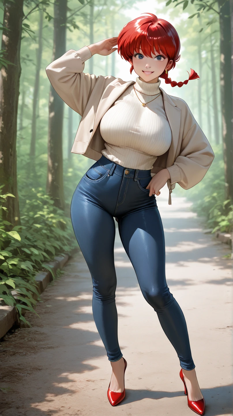 8k, highres, ultra detailed, (masterpiece:1.4), best quality, symmetrical body, a beautiful 18 year old girl, (short grey cotton hoodie:1.5), (leather leggins:1.5), full body shot, cute, solo, long hair, brown hair, blue eyes, glow effect, finely eye, detailed face, looking at viewer, smilling at viewer, leaning forward, dominant look, (seductive:1.4), big breasts, sun, rim light, in the city, (sexy pose:1.4)