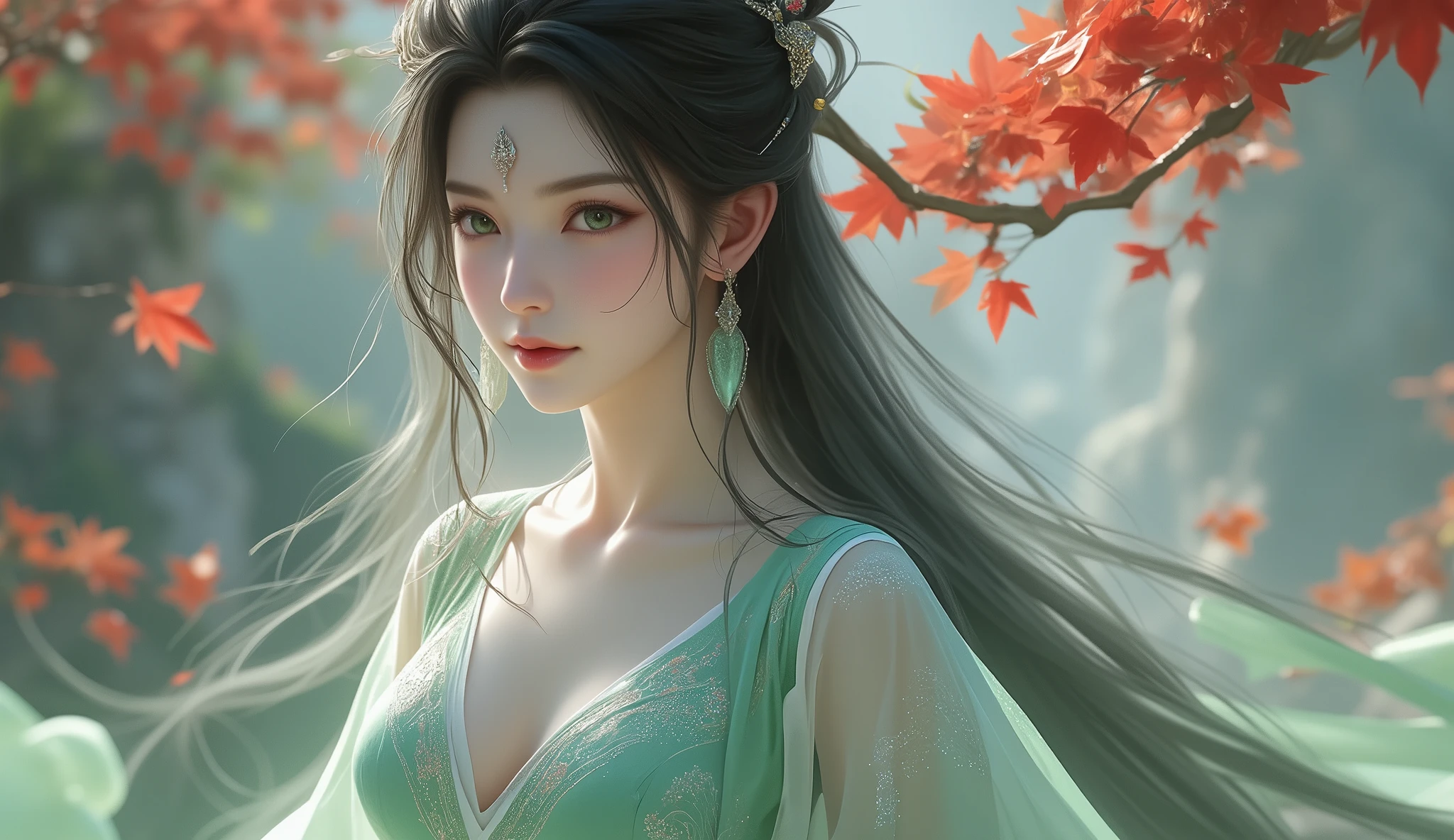 best qualtiy,tmasterpiece,Extremely Delicately Beautiful,The is very detailed,CG,unified,8k wallpaper,Beautiful Meticulous Girl,(very vey very detailed face), 1girll,独奏,The whole body leans against the trees by the sea,Wearing a long red dress,large tities