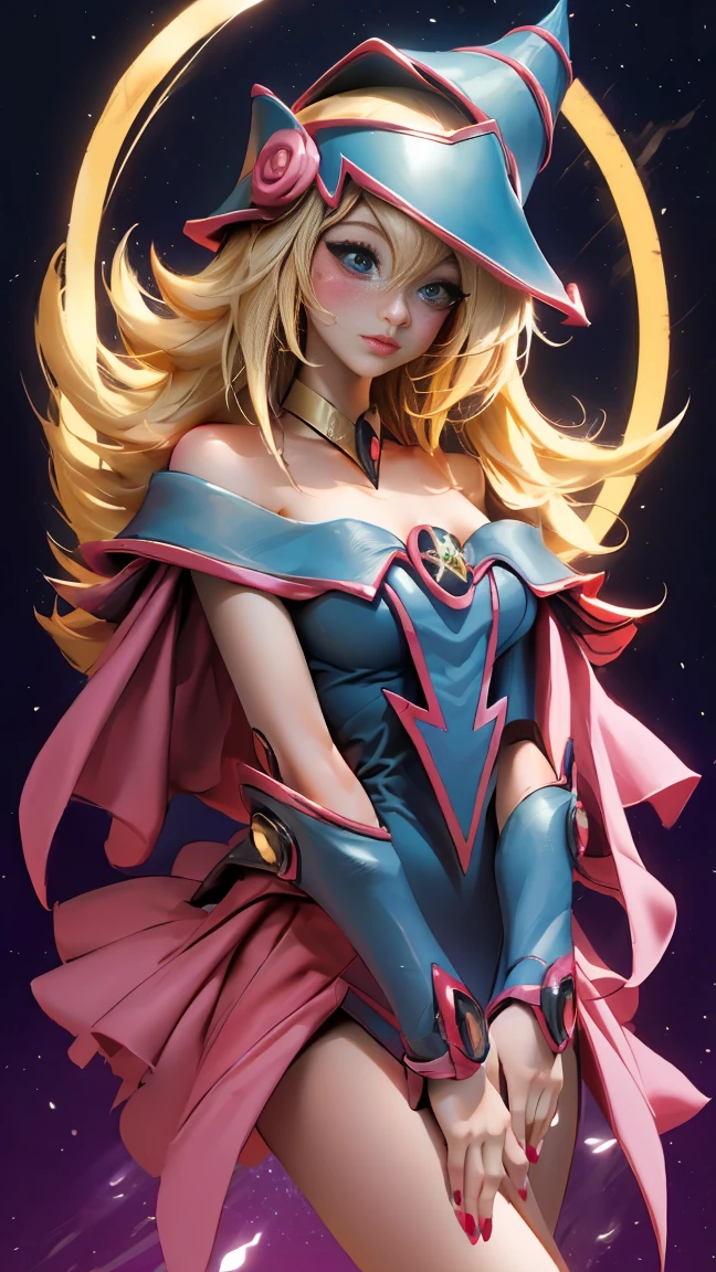 Beautiful face of dark wizard gils. Extra long eyelashes. blue eyes like crystal. brio in the eyes. pink lips. long blonde hair. exposed shoulders, angelic smile, beautiful well detailed face of the dark wizards gils. She is flirtatious with the viewer. Long and big eyelashes.