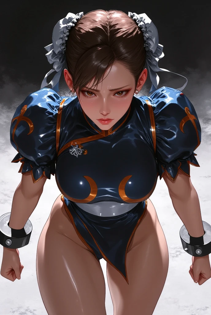 Chun-Li,linda jovem com uniforme azul classico, coxas grossas, belas coxas sexy,um pouco muscolosa, cabelo preso, black tights,cidade chinesa a tarde, Standing alone.solo, roupa azul, saia azul, olhar serio, belos olhos, belo rosto bem detalhado, olhos e sobrancelhas detalhado.olhos castanhos escuros
