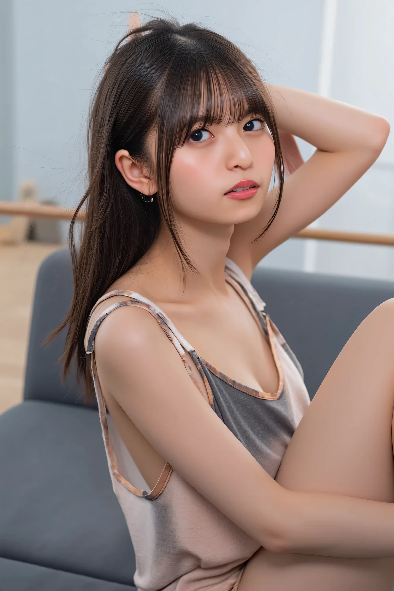 best quality, face focus, soft light, ultra high res, (photorealistic:1.4), RAW photo,
1japanese girl, solo, cute, (pupil, lights in the eyes), detailed beautiful face, (small chest),(high resolution detail of human skin texture),
(long hair),
sit couch,
, charcoal vest, skirt,
(upper thigh)