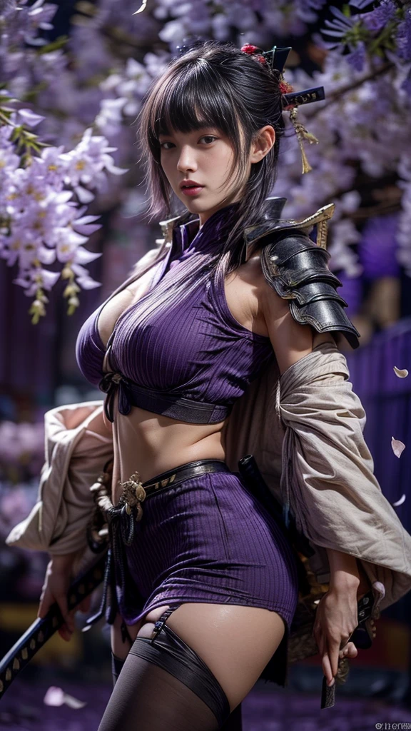 a very beautiful japanese girl, very cute high school girl assassin, detailed portrait of innocent 17-years-old virgin, ((in the mountain)), (off-shoulder silver breastplate:1.2), (purple long maxi-skirt, purple arm cover, silver booties:1.1), (full body, run away, blush, she calls for aid, crying out in a loud manner, open mouth wide:1.1), she was paralyzed with fear, perfect body, cold sweat, body soaked in sweat, firm and elastic skin, lively faces, glowing lips, watery eyes, cute double eyelids and black eyes, cleavage, attractive thighs, glossy straight medium black hair, asymmetrical bangs, hair flutters, dark fantasy, photo-realistic, surreal, cinematic lighting, 32K, backlight, (bright light:1.2), (Improvement of quality:1.4), (Highest quality realistic textured skin:1.4),detailed eyes, detailed face, detailed hand,(Enhances the beauty of skin texture:1.1)