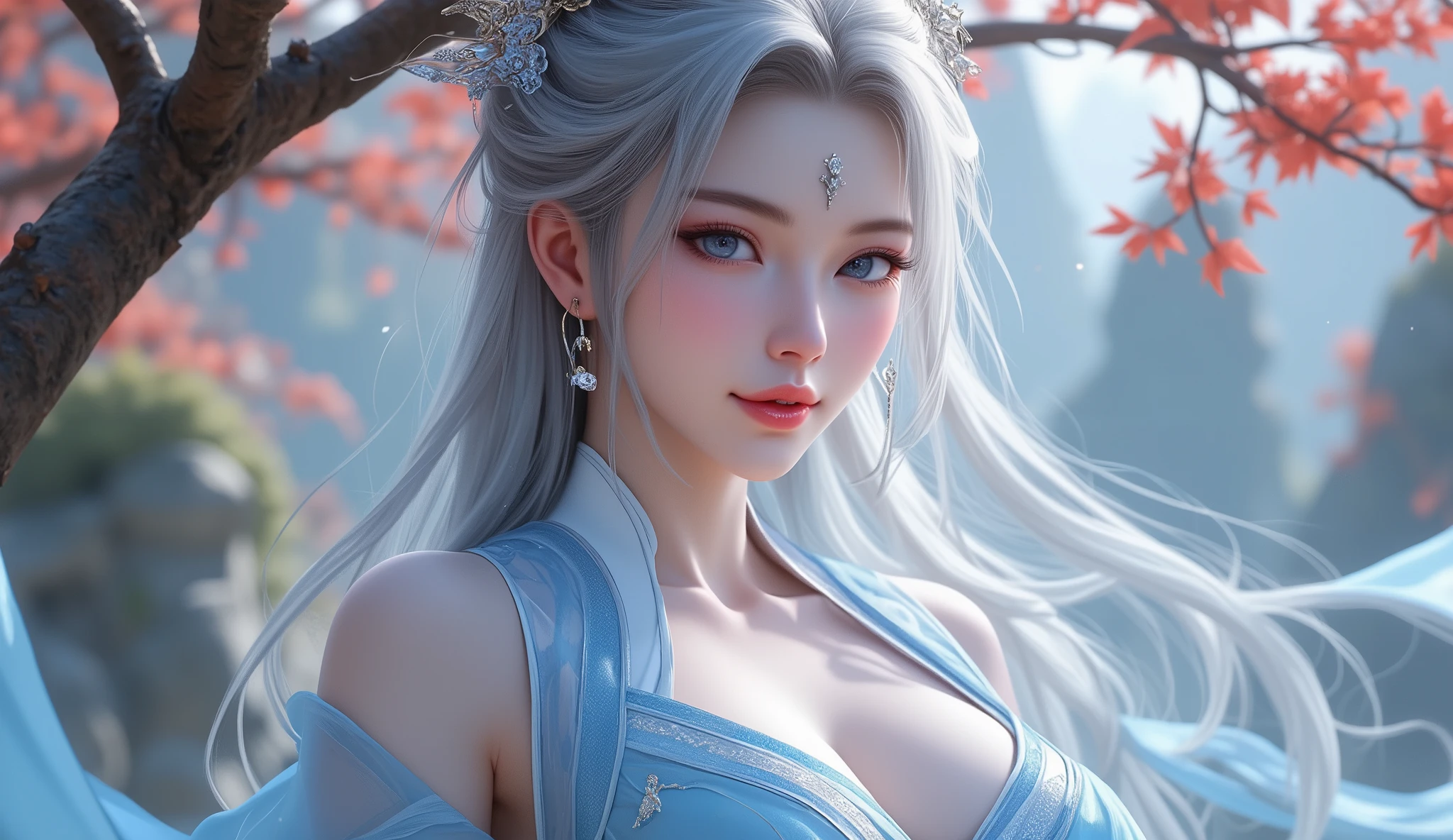 masterpiece, best quality, night, outdoor, rainy days, branch, Chinese style, China, 1 female, mature woman, woman with long silver hair, gray blue eyes, light pink lips, cold, Serious, weak, Bangs, assassin, Short sword, White clothes, Black clothes pattern, Blood stains, Blood, Injuried, Blood on the face, Blood on the clothes, rain, delicate face, delicate face,