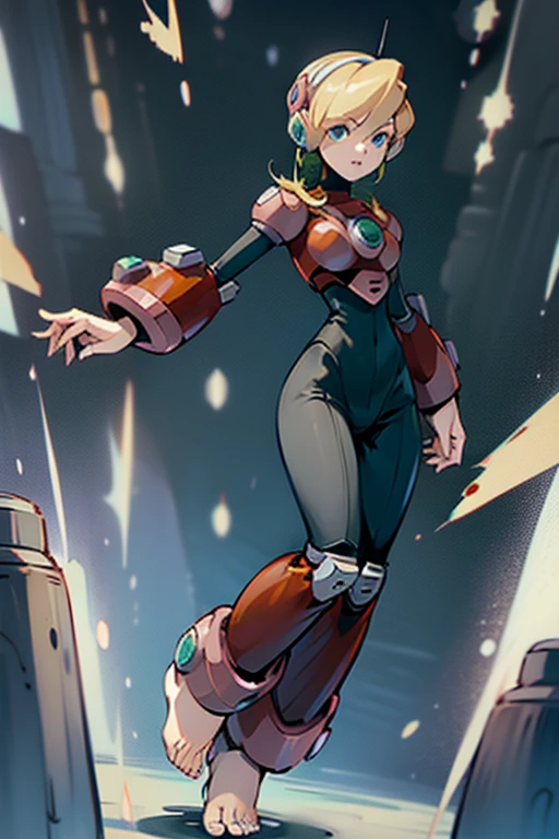 1in kinu-sensei artstyle, Kinu Nishimura style, muted pastel colors, full body, 1girl, long hair, mature female, tanned female, curvaceous figure, medium breasts, large hips, hourglass figure, solo, This image depicts a slender, humanoid character that is a reploid, a type of robot from the Mega Man X series. The character has a futuristic and stylized appearance, with a predominantly dark color scheme. The Reploid features a futuristic and functional design, incorporating a blend of military and utilitarian aesthetics. The character is depicted in a mechanical armor predominantly colored in vibrant purple, with contrasting red and white accents. The character has a himecut with blunt bangs, giving a dynamic and lively feel. The pose is confident and energetic, with fists raised and a wide stance, suggesting readiness and enthusiasm. The art style is reminiscent of anime, with exaggerated features and vibrant colors, emphasizing the character's agility and youthfulness, kinu-sensei artstyle,in kinu-sensei artstyle