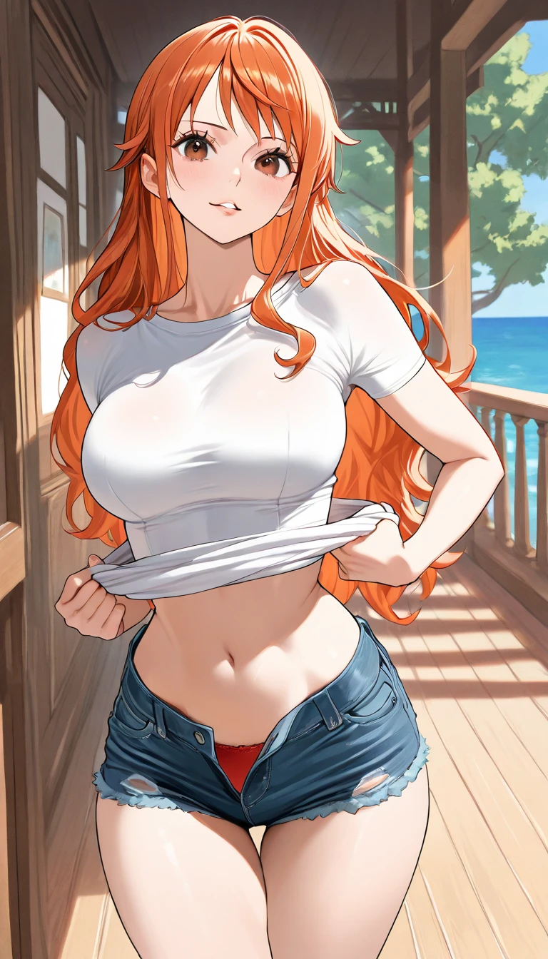 （tmasterpiece），one-girl，little breast，(Be red in the face)，light-blonde hair，Redlip，cleavage，(Off-the-shoulder attire:1.2)，(little breast)，(brassier:1.3)，Bust photo，looks into camera，sportrait，ssmile，denim pant，Fighting posture，sea beach，oranges，4k画质，The most beautiful face，White skin of the，Metallic clothing