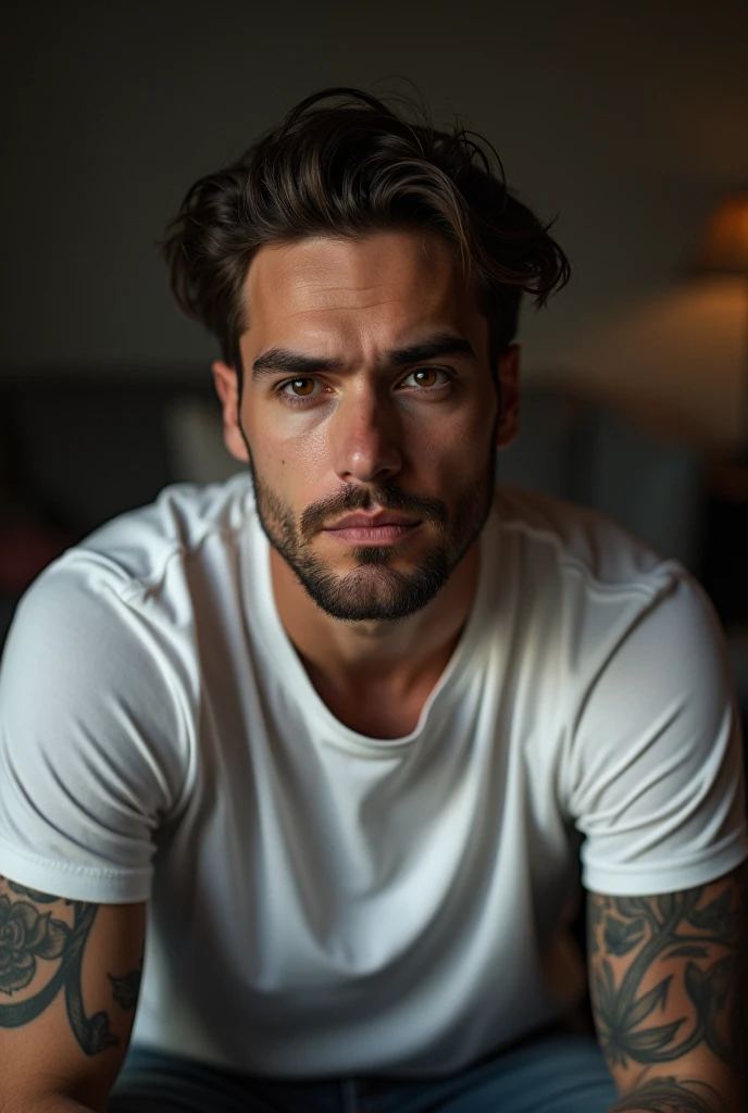 male, physically-based visualization similar to Sasha Bely, Guf and Sergey Mikhalk at the same time, realistic portrait, I'm sorry, the expression of a loser, cheeky look , tattooed , in a white t-shirt, Against the background of the sofa , Ultra-realistic detail , photographic quality, masterful performance, high definition, incredibly detailed, ultra high definition, HDR, physical-based visualization, Dazzling colours, deep shadows, dark mood