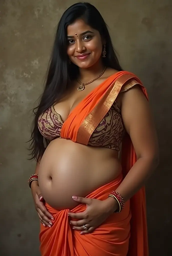 daytime view, close up shot of vedhika, from top view, wearing green saree, forest background, pregnant, close eyes, look up, big and curvy cheeks, hourglass figure, sexy navel, swooping breasts, ponytail, black hair, necklace, (cinematic:1.3) , intricate details, (ArtStation:1.2)