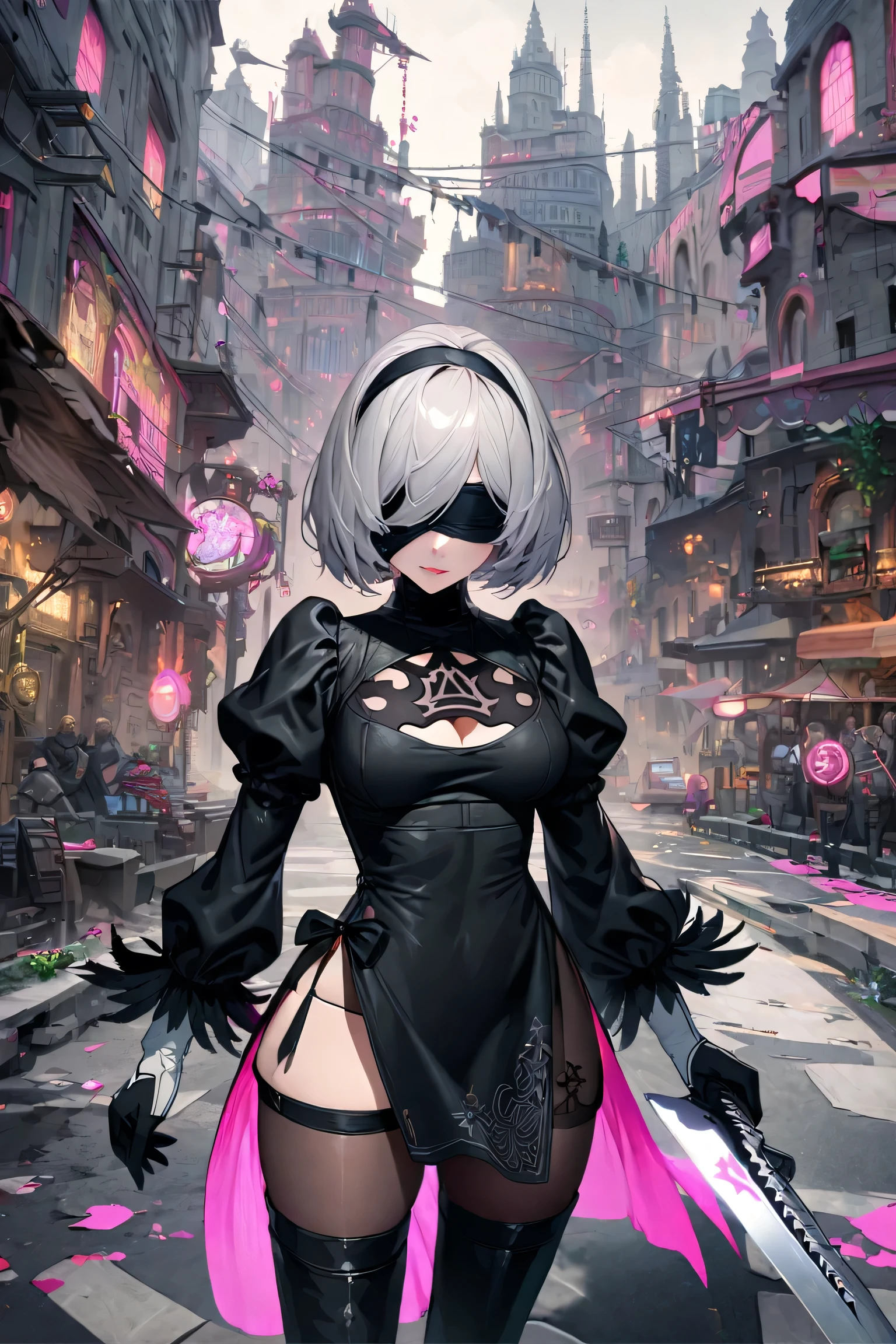 masterpiece, best quality, very aesthetic, absurdres, newest,1boy,pov_hand,taking a photo,1girl, wariza, masturbate, one_hand_between_legs ,open_mouth, saliva, tear in eyes,,embarrassed, ,2b_(nier:automata), nier:automata, nier_(series), 1girl, short_hair, white_hair, covered_eyes, black_blindfold, black_dress, black_hairband,dress, feather-trimmed_sleeves, feather_trim, gloves, hairband, juliet_sleeves, long_sleeves, puffy_sleeves, thighhighs, thighhighs_under_boots,,Cyberpunk City, Street, Night, neon light, neon sign,