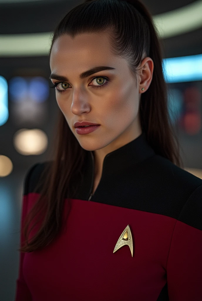 front medium (chr1sch0ng:0.99) a Christina Chong beautiful face, narrowed eyes. smirk. black braided hair, ((( vulcan pointed ears
))) , (latex s3stngunf uniform uniform),aesthetic lighting dark studio, bokeh, beautiful face, narrowed eyes. smirk. black braided hair,