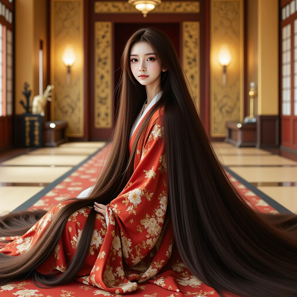 （top quality、top quality、 highest resolution 、 Super Real Photos、full body image、masterpiece、16ｋ、） her hair is longer than her height！She's a beautiful woman with very long hair。 beautiful hair 。 Wakai Female。she is 23 years old。  her hair is about 10 meters long  。Her hair is much longer than her own height.。 most beautiful face in the world 。 A very beautiful face with clear eyes and nose 。 the longest hair in the world 。 World Long Hair Contest Winner 。She's a world long hair champion。 The length of her hair is amazing 。A beautiful woman with a lot of hair  。 hair longer than Rapunzel 。 describes all of her long hair 。 extra long straight hair 。smile。depicting every tip of her hair 。彼女の驚くほど長くてbeautiful hairを全て描写する。she is sitting at her luxurious study desk、stroking her very long hair。 Much of her very long hair is flowing down the floor。My den is filled with her hair。The study is full of red, blue, and white rose petals。The desk is filled with jewels such as diamonds and rubies and it's gorgeous。Terribly shiny hair。The finest study。a den filled with gold and silver treasures。she is proud of her long hair。straight black hair。The location is a gorgeous study studded with jewels。, a woman with beautiful proportions。Super long black hair。straight black hair。
