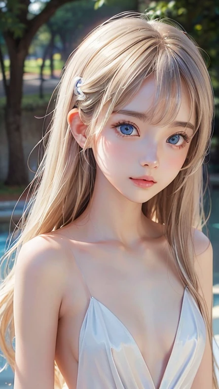 Shiny platinum blonde silk super long straight hair, beautiful shiny bangs, big clear sky blue eyes, very beautiful bright eye highlights, Embarrassing, Blushing