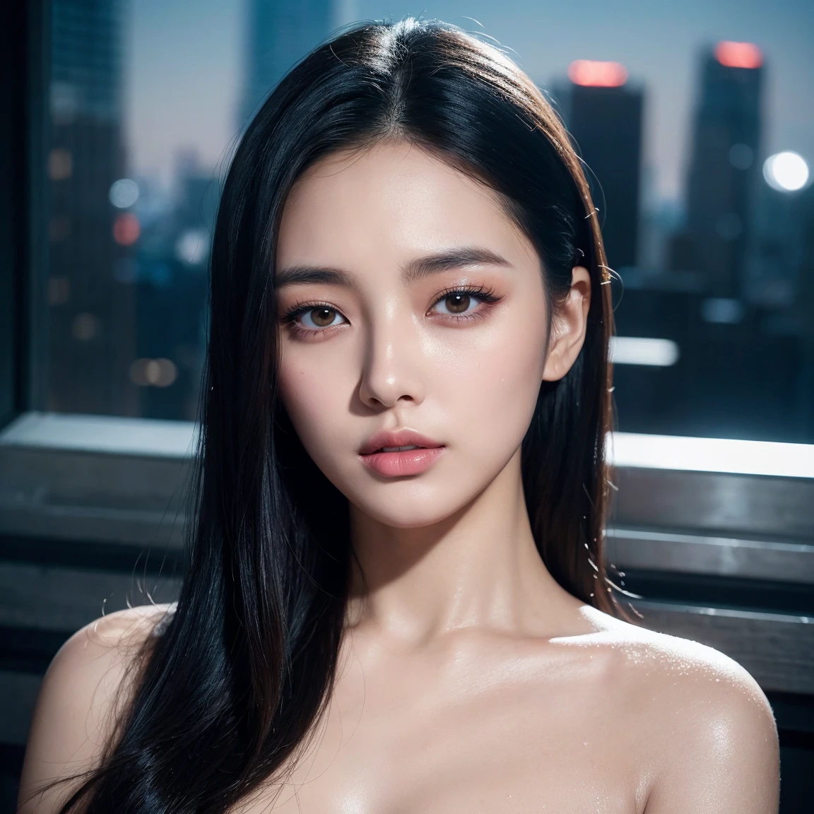 (((masterpiece:1.4, Highest quality:1.4, 8K,))), Ultra-high resolution, Physically Based Rendering, Portraiture, Super beautiful sexy woman, fully naked woman, 24-years-old, alone, Large eyes with great detail, Fine thin eyebrows, Eye highlights, ((dark brown hair:1.1)), Highly detailed face and skin texture, Sharp focus, Clear focus:1.2, Slender beauty:1.4, (((droopy large breasts:1.4))), Slim Abs, Oval Face, Lip gloss, Distinct facial features, (((completely nude))), Beautiful clavicle, Belly button, pubic hair:1.3, Distorted waist, ((Night view of skyscrapers:1.4)), City hotel at night, On the bed, Warm lighting,