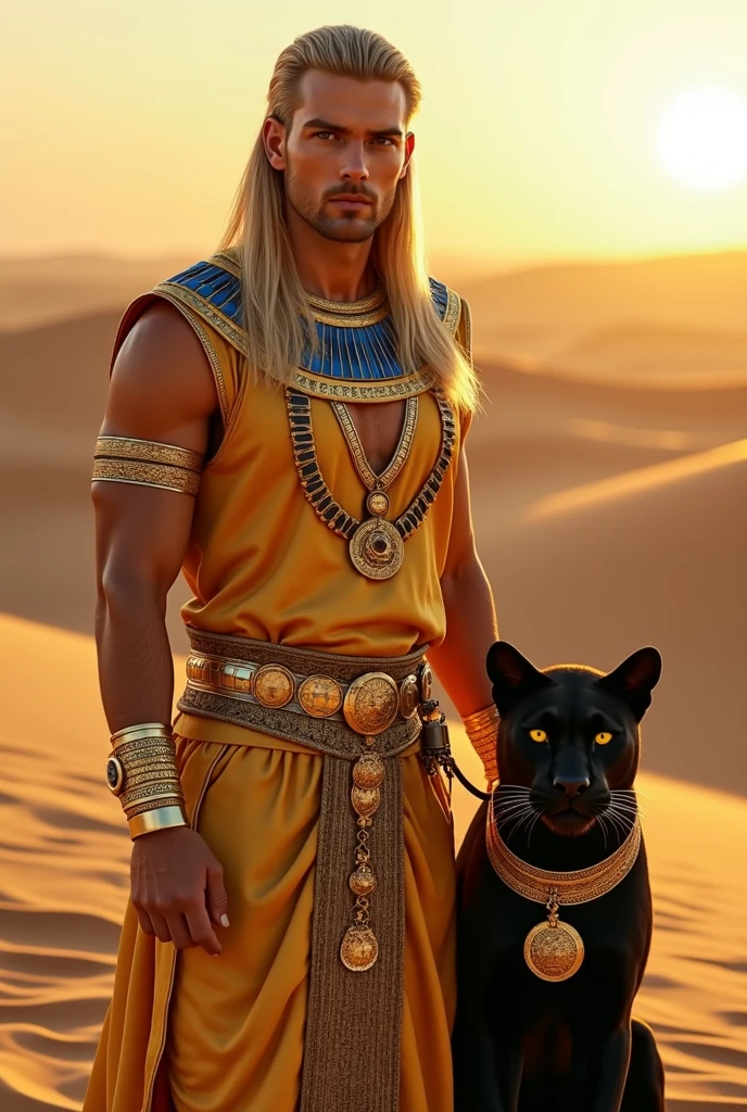 A handsome man with no shirt, golden pants, skinny white skin in the desert with a falcon and two leopards
