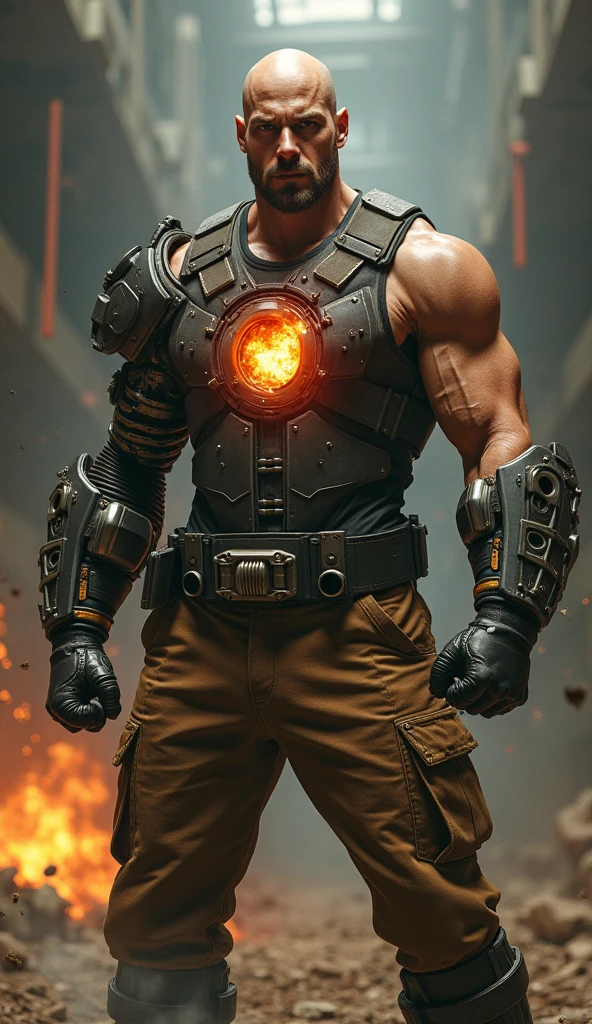 score_9, score_8_up, score_7_up, solo, male focus, mature male, mkkan0, cybernetic eye, mutton chops, h4rness, charming, <3, outdoors, armor, looking at viewer, shoulder armor, big pecs, flexing bicep, evil smirk, closed mouth, night, night sky, standing, <lora:mkkano:0.8>