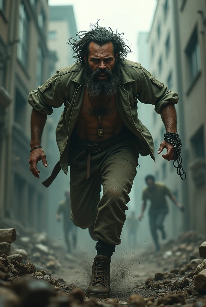 Young man, hairy, with glasses and beard, killing zombies in the zombie apocalypse with a katana
