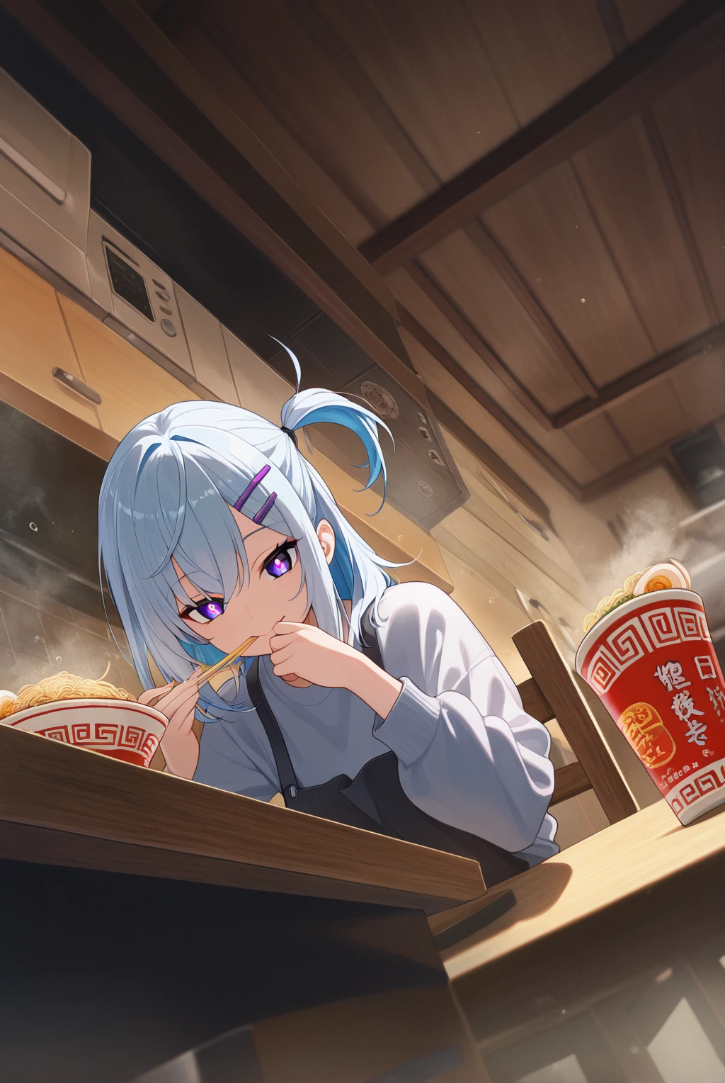 1 girl, long hair,  medium hair, Two Tone Hair, light blue hair tied at the top, purple pupils, hair clip, Floating Water ,  particle,  tattoo, 輝くタトゥー, shining eyes, smile, ,
,masterpiece,best quality,great quality,intense wide shot, S curve composition, dynamic angle, low angle shot, ground-level shot, front view, double exposure, dust effect, vfx, in focus with blurred background, ramen, masterpiece, exquisite, ultra detailed, detailed, Full-HD, absurdres,  cel anime, hard-edged, in the kitchen, with a table, with a chair,She eats ramen in the living room, She's Sitting On A Chair ,She's sipping ramen。Ramen noodles get in her mouth,