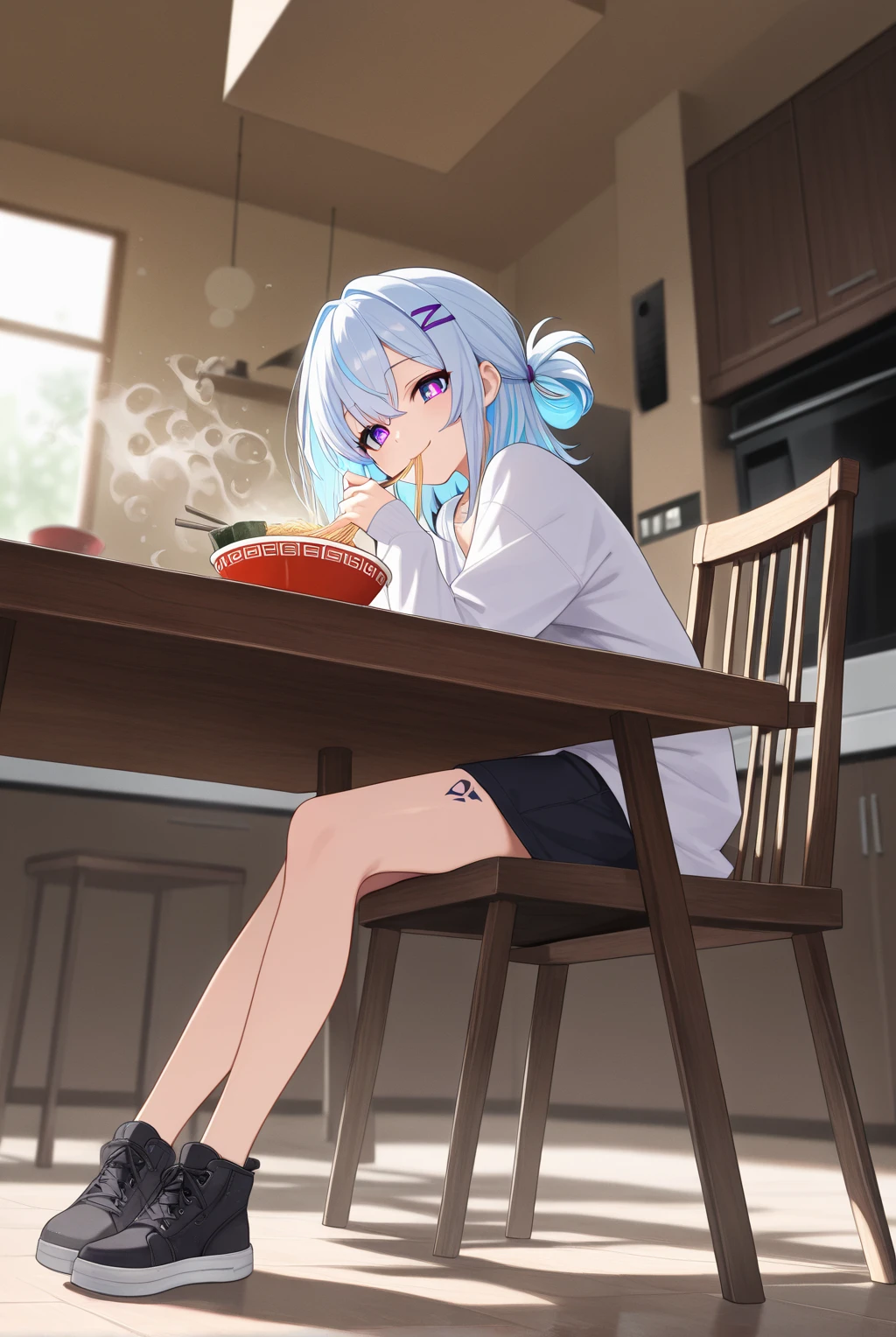 1 girl, long hair,  medium hair, Two Tone Hair, light blue hair tied at the top, purple pupils, hair clip, Floating Water ,  particle,  tattoo, 輝くタトゥー, shining eyes, smile, ,
,masterpiece,best quality,great quality,intense wide shot, S curve composition, dynamic angle, low angle shot, ground-level shot, front view, double exposure, dust effect, vfx, in focus with blurred background, ramen, masterpiece, exquisite, ultra detailed, detailed, Full-HD, absurdres,  cel anime, hard-edged, in the kitchen, with a table, with a chair,She eats ramen in the living room, She's Sitting On A Chair ,She's sipping ramen。Ramen noodles get in her mouth,