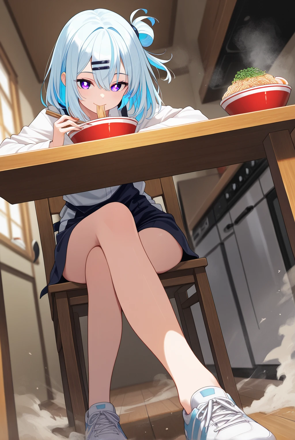 1 girl, long hair,  medium hair, Two Tone Hair, light blue hair tied at the top, purple pupils, hair clip, Floating Water ,  particle,  tattoo, 輝くタトゥー, shining eyes, smile, ,
,masterpiece,best quality,great quality,intense wide shot, S curve composition, dynamic angle, low angle shot, ground-level shot, front view, double exposure, dust effect, vfx, in focus with blurred background, ramen, masterpiece, exquisite, ultra detailed, detailed, Full-HD, absurdres,  cel anime, hard-edged, in the kitchen, with a table, with a chair,She eats ramen in the living room, She's Sitting On A Chair ,She's sipping ramen。Ramen noodles get in her mouth,