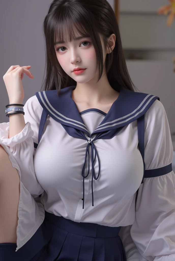 (highest quality:1.4), (hyper quality), (super detailed), 1 beautiful girl, So cute, wonderful face and eyes, esotropia, Not aware of this, (Short-sleeved sailor uniform made of white and thin fabric, gray pleated micro mini skirt:1.5), (Beautiful and incredibly big breasts:1.3), (slender body:1.1), (skinny thin legs), (Very thin waist), belly button, realistic skin texture, (bangs:1.3), bright and glossy lips, Beautiful goddess descends, beautiful background, golden ratio, conceptual art, Super detailed, Accurate, advanced details, Composition looking down from above where you are sitting inside the bus, sexy art, Surrounded by the summer sunshine, bright light, Super delicate illustration details, 8K wallpaper that integrates high-definition CG, RAW photo, professional photos, cinematic lighting, written boundary depth, (No bra in uniform:1.2), (You can see the shape of the nipple protrusions through the uniform.:1.2), (The nipple protrusions lift the uniform), (Her big breasts make her uniform stretch out:1.2), I&#39;m massaging my chest and getting stuffy, Cropped tops with fluttering hems:1.3, I can see the beginnings of cleavage:1.2, (High heels on bare feet)