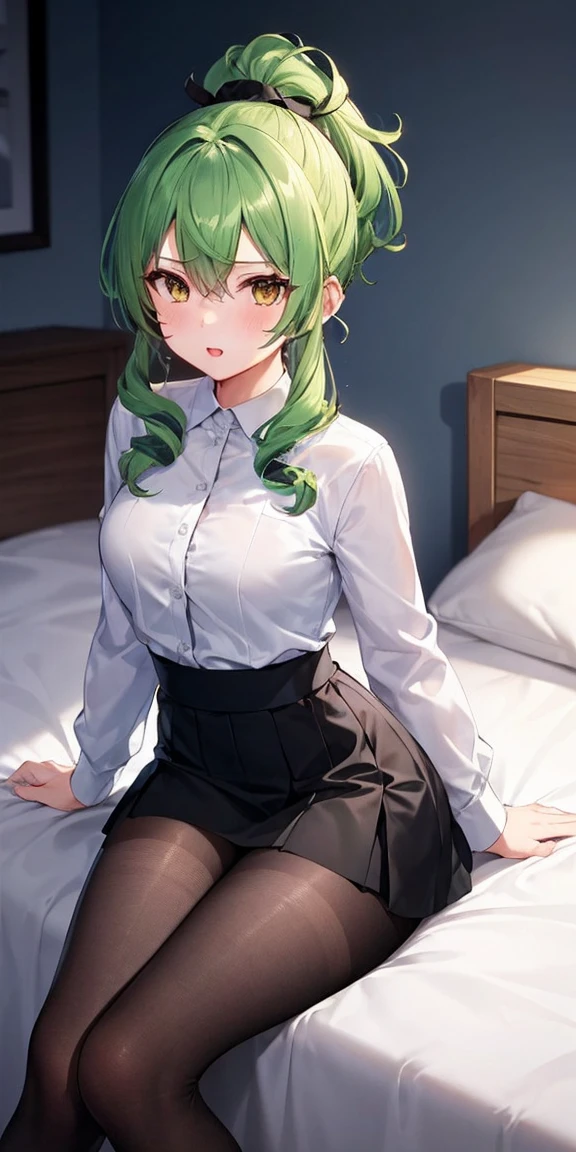 {best quality}, {very aesthetic}, {ultra-detailed}, {best illustration}, woman,{{green hair}},{{long ponytail}},{pink eye},pov,((orgasm face)),(steam),1woman,(lace panties),((under black pantyhose)),(white nurse),from below,nsfw