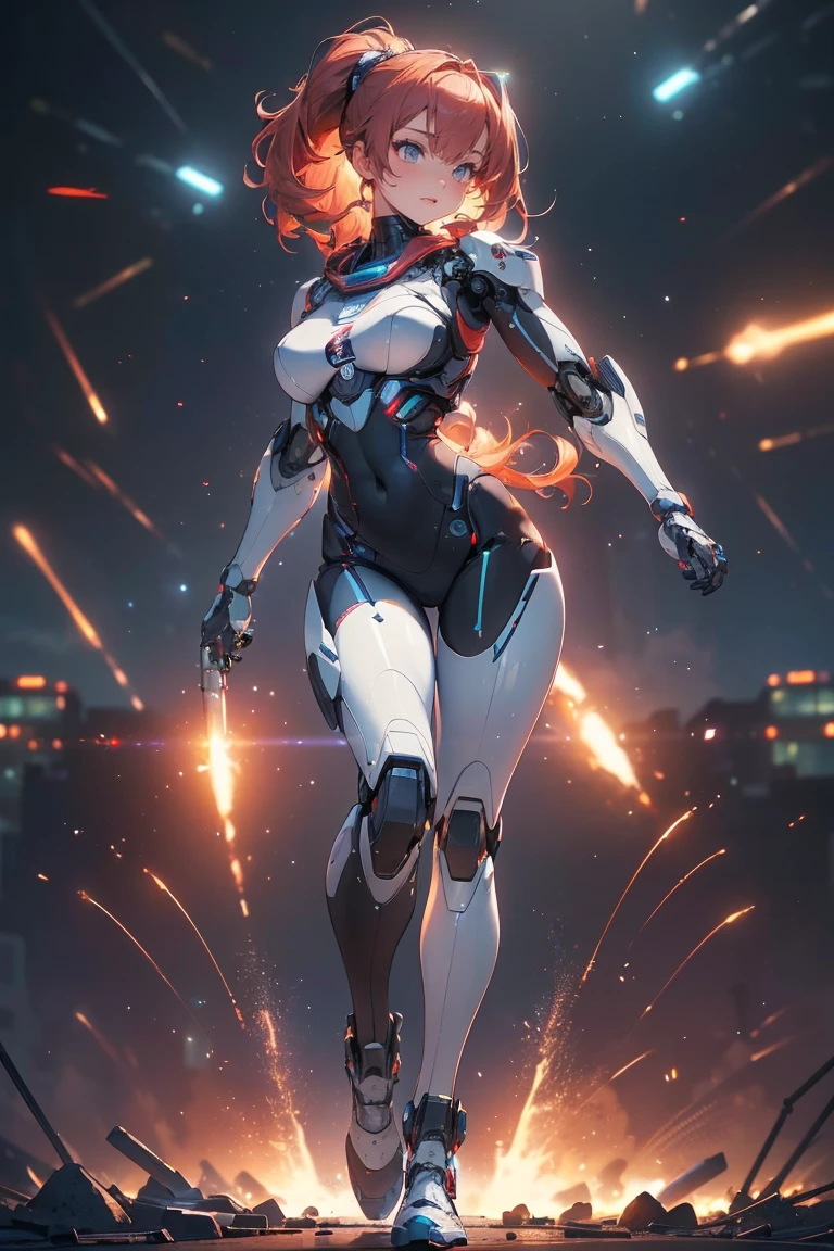 1female, young adult, tan skin, big breast, finely detailed blue eyes, wild medium hair, coral hair, braided ponytail, full body combat suits, standing on ruined building, night time, excited expression