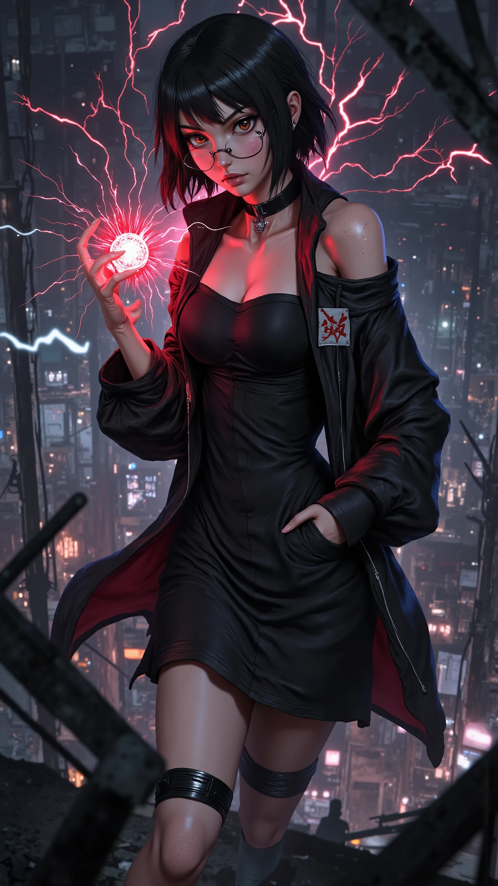BARUTO_Timeskip_Uchiha_Sarada_ownwaifu, hand in pocket,
1girl, glasses, round eyewear, black hair, black eyes, bangs, swept bangs, short hair, lips, medium breasts, thighs,
black choker, earrings, jewelry, strapless, off shoulder, collarbone, red belt, open jacket, black jacket, black shorts, black dress, black footwear, long sleeves, leg warmers, konohagakure symbol, thigh strap, thigh pouch, loose socks,
((masterpiece)),((best quality)),(highres), bokeh, depth_of_field, scenery, spotlight, focused, looking at viewer, In a brooding, ruined battlefield lit by sporadic flashes of lightning, post time-skip adolescent Sarada Uchiha stands with electrifying intensity. Her crimson Sharingan flares as she channels raw, pulsating power to charge her Chidori. Her face twists into an exaggerated expression of fierce determination and eerie terror, turning the brief moment into an epic display of supernatural grandeur.