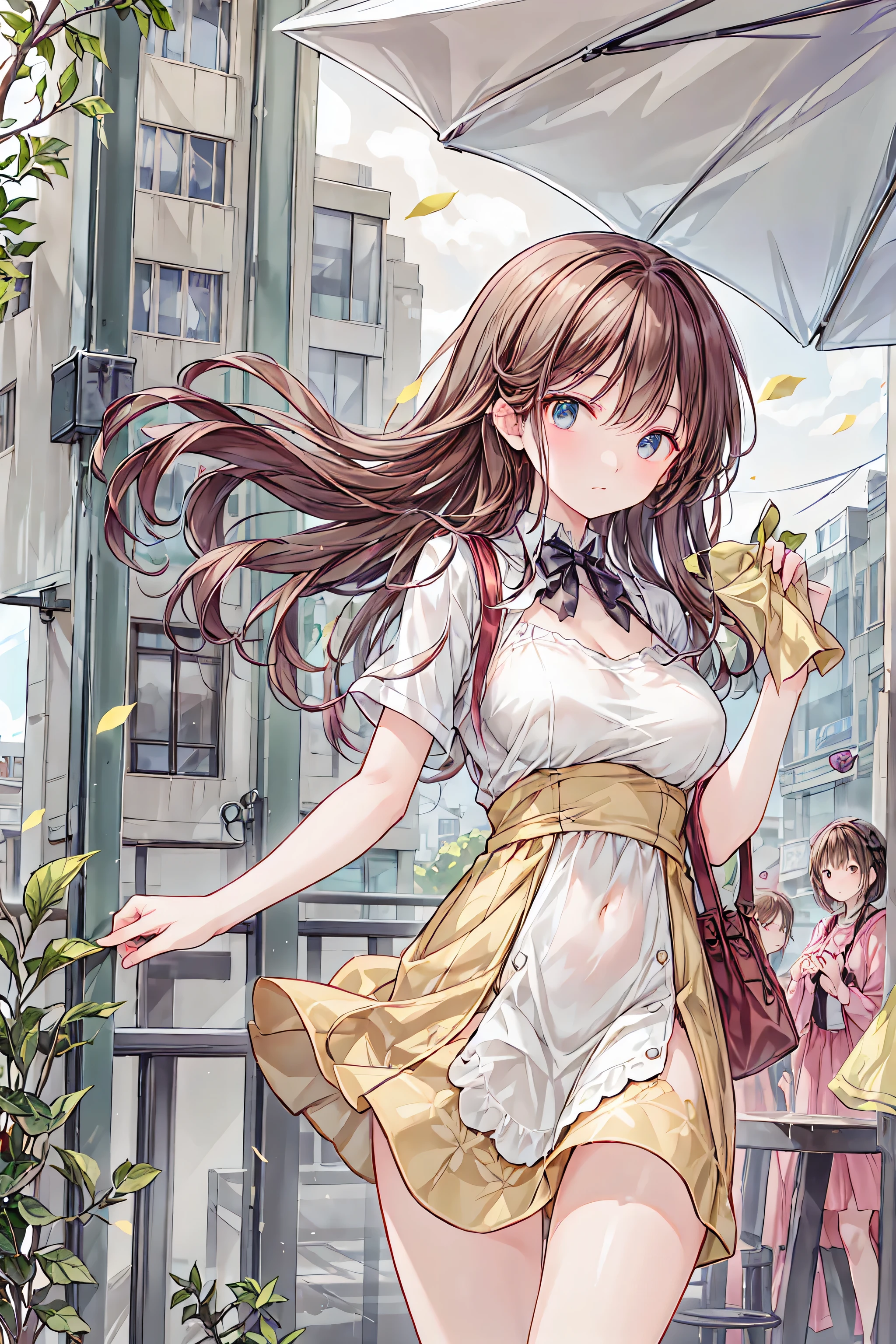 In the center of the city , An elegant café full of spring/summer charm. The sun shines a warm light, Gold glitter all over the scene, Simple and modern elements blend in with meticulous care. The air is filled with delicate scents , Illuminates the vivid hues of yellow ginkgo leaves peeking through large windows. The interior of the cafe 、It has been designed with the utmost care. table, 真っ白な tableクロスで飾られた, Perfect for quiet conversation and writer's concentration. The lighting is soft and gentle , Long Cast, An expressive shadow that emphasizes
