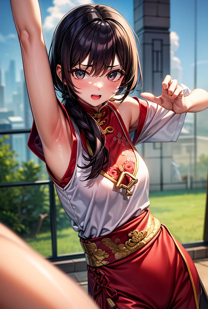 fighter (DQ3), 1 girl, ((solo)), masterpiece, top quality, very detailed, (((torn clothes)), 18 years old, black hair, (((beautiful eyes)), Chinese clothes, sleeveless, underwear, fighting style, from below, from behind, moonlight, ((look at side)), ((look at side))