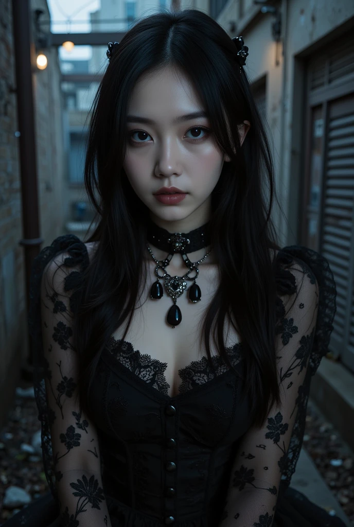 bright eyes, super detailed, black short hair, blood and wounds, stab wounds on body, dirty clothes, Jennie Kim, 30 yrs old girl, cyberpunk sexy suit, black long hair, side view post,
