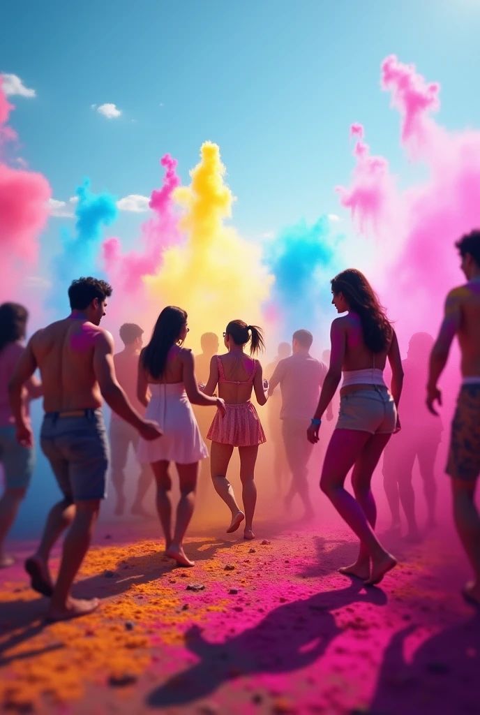(melhor qualidade,Altas:1.2),fotorrealista,show no palco da praia,Festival do dia Holi,colorful smoke,ultra-detalhado