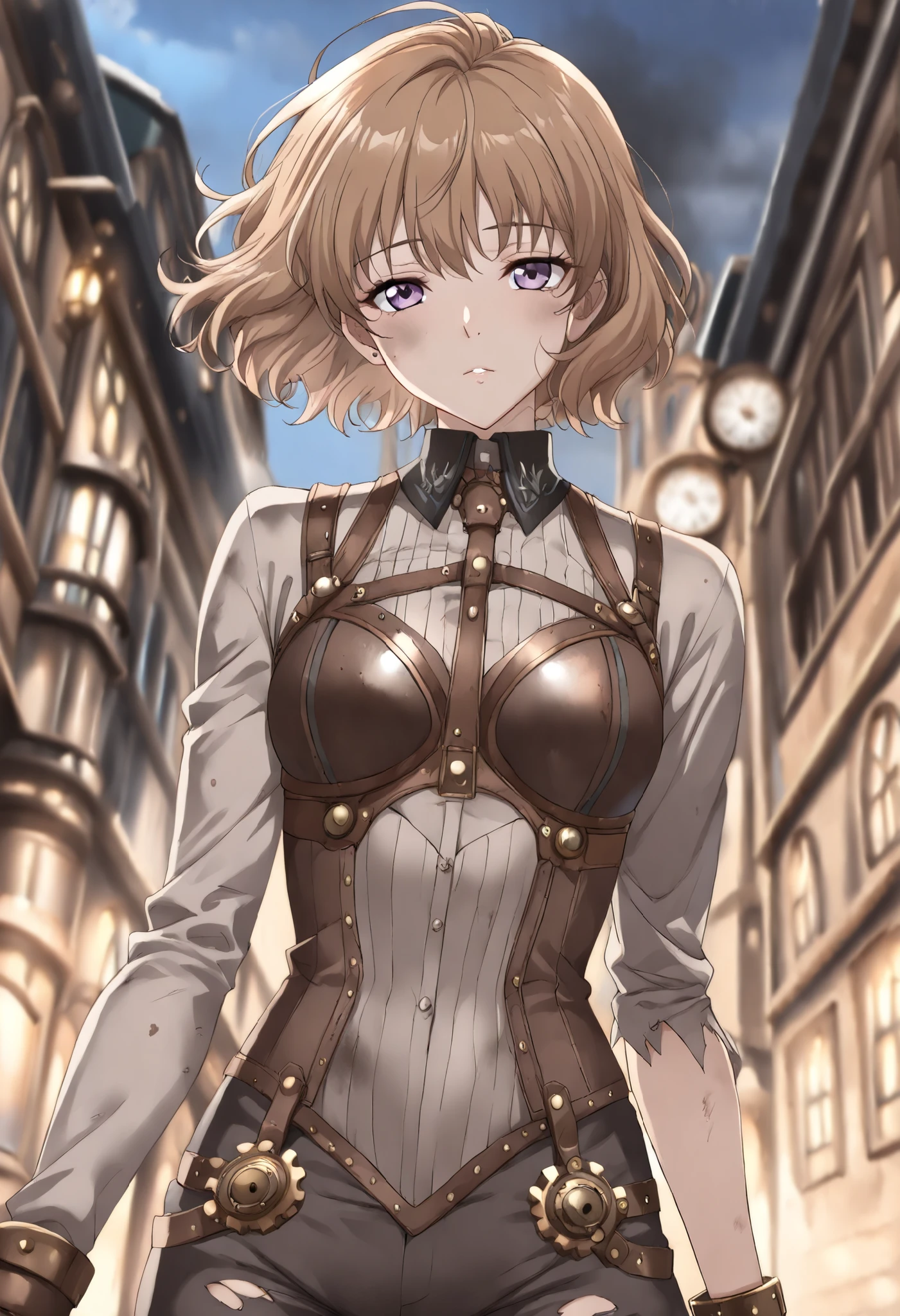 (((high definition))), dramatic shadows, depth of field, in 2D retro cartoon style, hand drawing, (world, where steampunk and post-apocalyptic aesthetics collide), cute woman in torn dirty clothes, (more rusty steampunk details: gears, valves, tubes), full Height, (perfect body: 1.4), (short hair with a side cutting), (stalking is quite common, although not the best way to make a living), looks interested, stylized atmosphere of unreality, dynamic pose, in motion, increase cinematic lighting, lifelike skin texture, weary eyes, beautiful eyes, pale but dirty skin, looks like Hermione Granger, the apocalyptic aura, dark urban aesthetic.