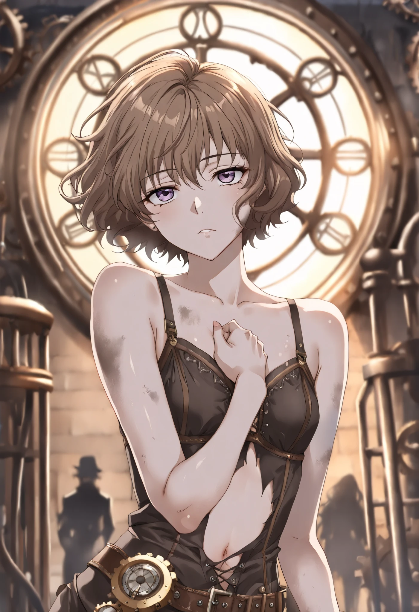 (((high definition))), dramatic shadows, depth of field, in 2D retro cartoon style, hand drawing, (world, where steampunk and post-apocalyptic aesthetics collide), cute woman in torn dirty clothes, (more rusty steampunk details: gears, valves, tubes), full Height, (perfect body: 1.4), (short hair with a side cutting), (stalking is quite common, although not the best way to make a living), looks interested, stylized atmosphere of unreality, dynamic pose, in motion, increase cinematic lighting, lifelike skin texture, weary eyes, beautiful eyes, pale but dirty skin, looks like Hermione Granger, the apocalyptic aura, dark urban aesthetic.