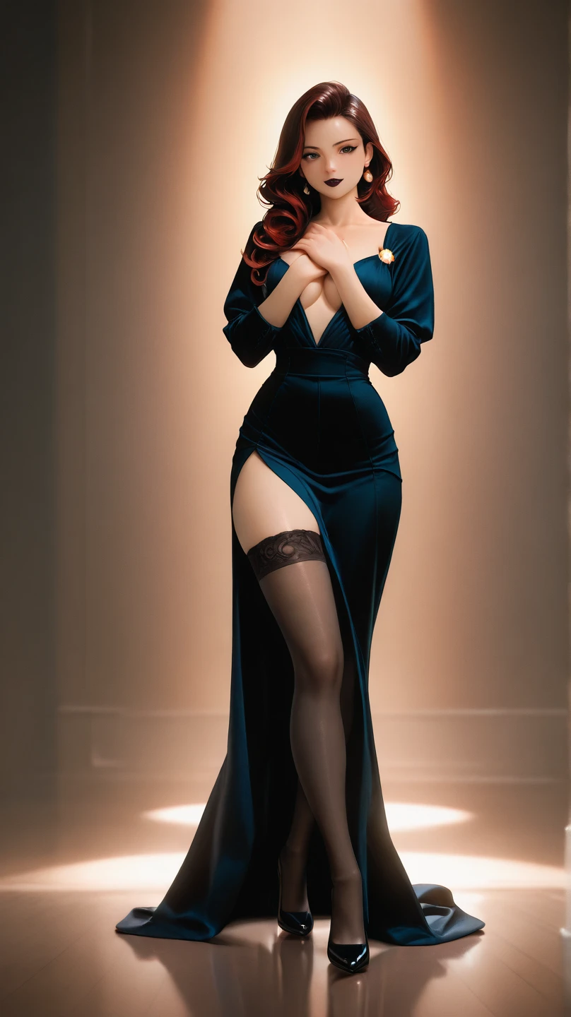 20 years old Girl standing in the doorway of a church, wearing a ballroom gown, medium breast, shining skin, dramatic lighting, pin up style, sexy, surprised, , colorful , masterpieces, illustrated, shining skin, detailed face, Medium breast. tight body. red hair, Illustrated BY Zoe Mozert, pinup art byZoe Mozert, vintage pin up, illustrated by Zoe Mozert, girl pinup, pinup girl, pin-up poster girl, pin up girl, pinup, pin - up girl, Detailed face, Detailed Hands, Detailed legs,