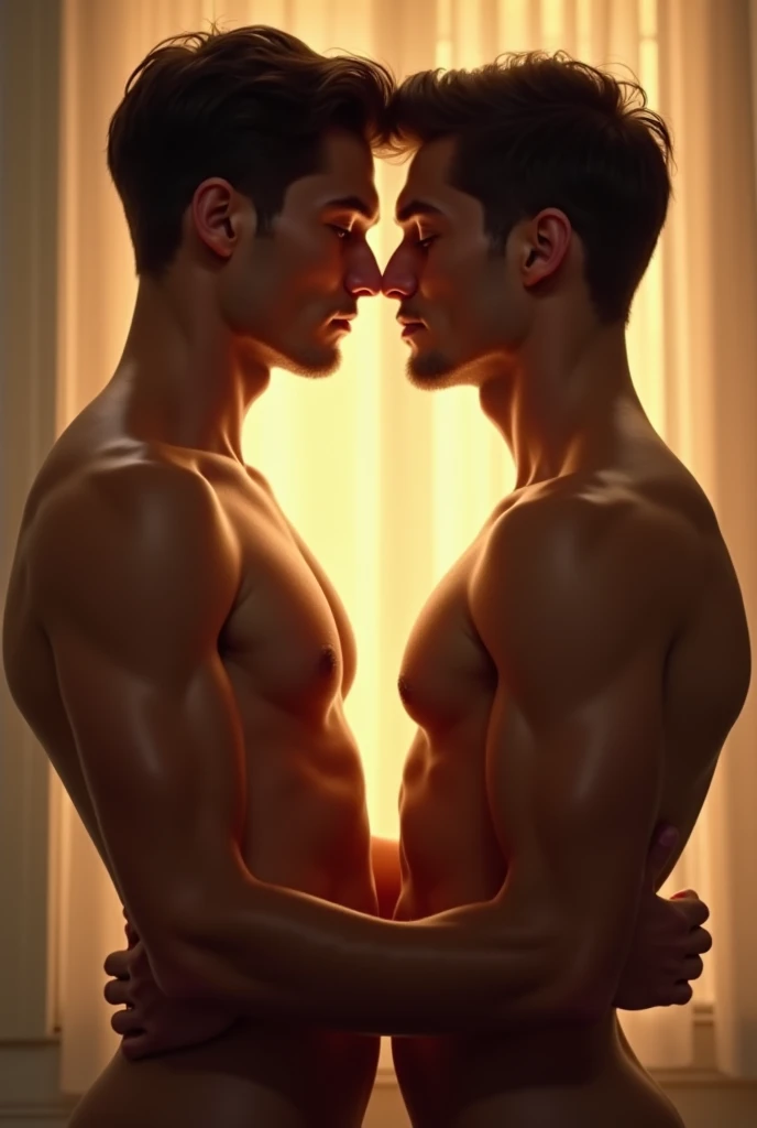 Muscular men kissing