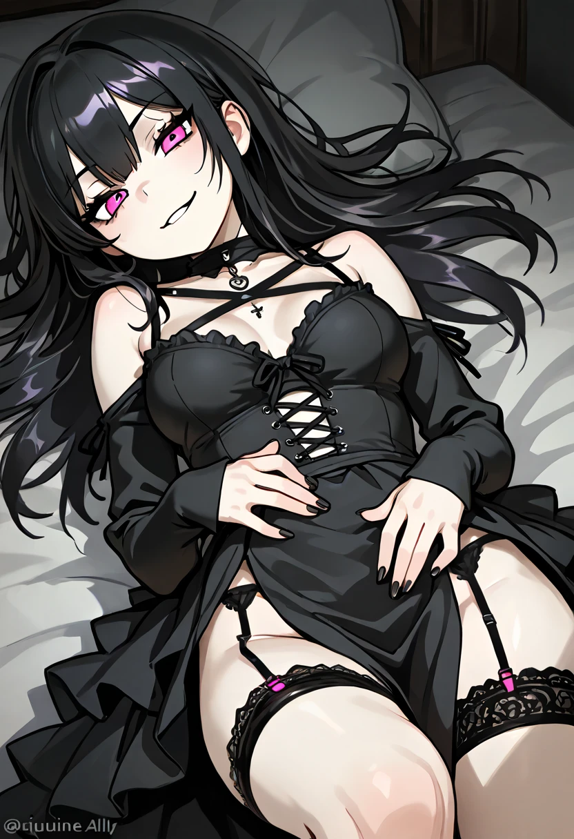 High resolution, high res, good anatomy, Anime cartoon girl with dark brown hair and Fluorescent yellow highlights, green eyes, masterpiece, accurate eye anatomy, good eye anatomy, Anime style portrait, in an anime style, in anime style, anime goth girl, neutral mouth expression, neutral face expression, (((((extremely busty, massive breasts, wide hips, massive ass, mature body, adult mature body type))))), (((((loose black translucent nightgown, small black shorts under night gown, small tight black bra))))), (((standing in doorway, morning sunlight))), 