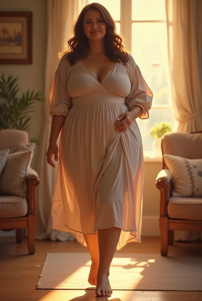 realistic photo, girl of European appearance, chubby, girl in body, Brown hair, detailed, in a beautiful sundress, in front of the living room