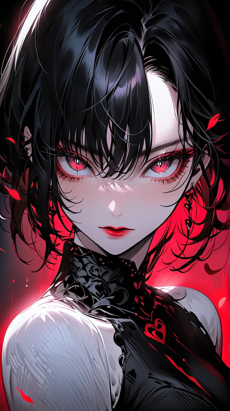 {{masterpiece}}, ((Highest quality, Very detailed, 8k, Best Quality Unity)), ((tattoo, Tattoo)), One person, whole body, Black nails, Sharp Eyes, Half-undressed, Long black hair, choker, Earrings, spike, Large Breasts, 黒jacket, Bright red lipstick, Tense atmosphere,Dramatic lighting, 