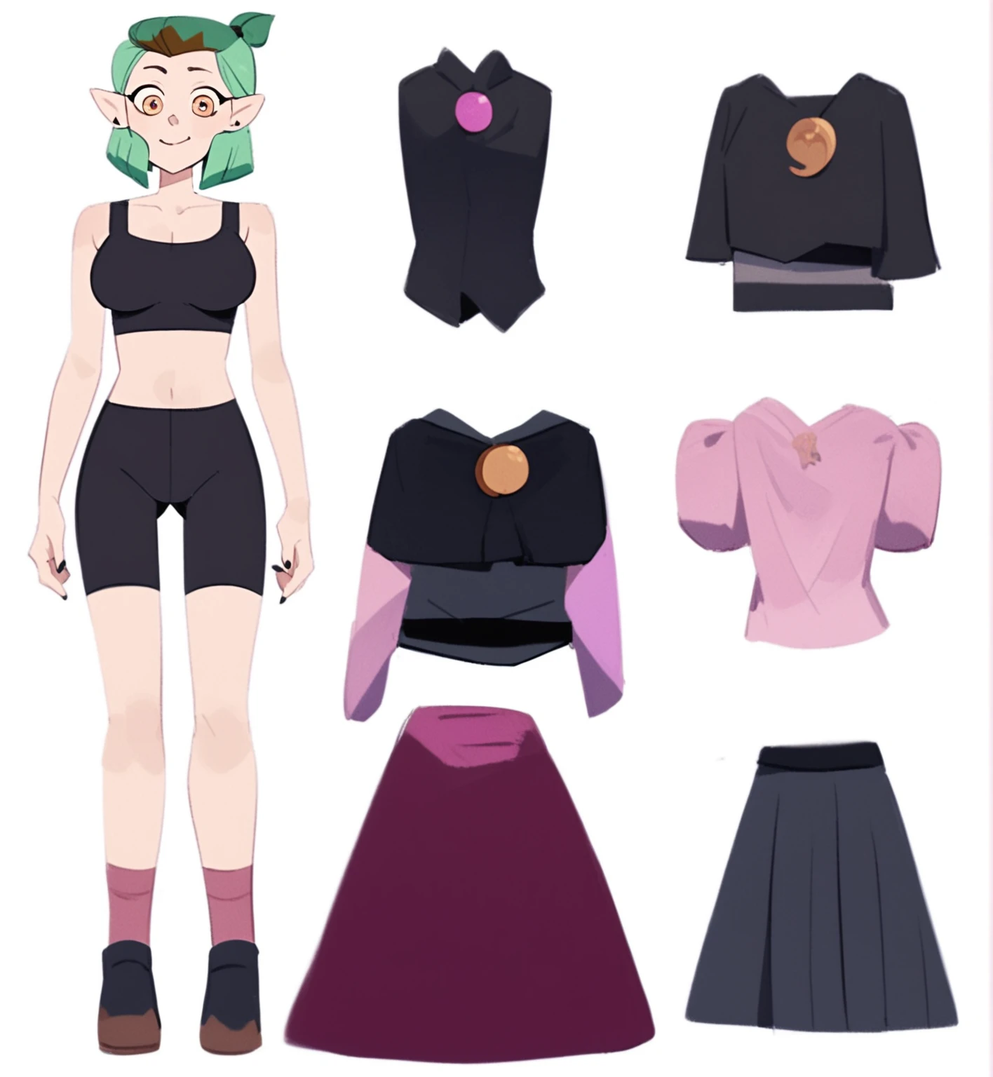 a young woman with long, wavy hair that cascades to her waist, treated in a vibrant baby blue color with lighter strands that shine in the sunlight. Her large emerald green eyes are so expressive that they seem to speak for themselves, surrounded by long, thick eyelashes. She has fair, smooth skin, with delicate facial features and a small upturned nose. Her figure is stylized, with a slim waist that highlights her natural curves, wears a black t-shit and short skirt, 4k, high quality, ultra-detailed, retro anime style, character sheet, turn around, concept art, chara-sheet