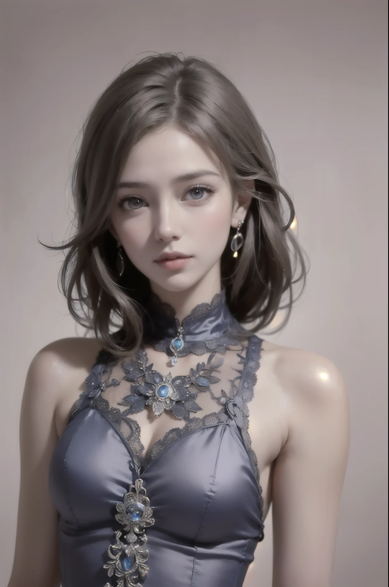 (UHD, retina, masterpiece, accurate, anatomically correct, textured skin, super detail, high details, high quality, best quality, high res, 1080P, HD, 4K, 8k, 16k), (beautiful detailed eyes, beautiful detailed lips, extremely detailed eyes and face), soft lighting, physically-based rendering, vivid colors, (large breasts, glamorous body), (royal blue, backless dress, mini dress), (portrait, shiny hair, shiny skin, blush), (bokeh), eye reflection,