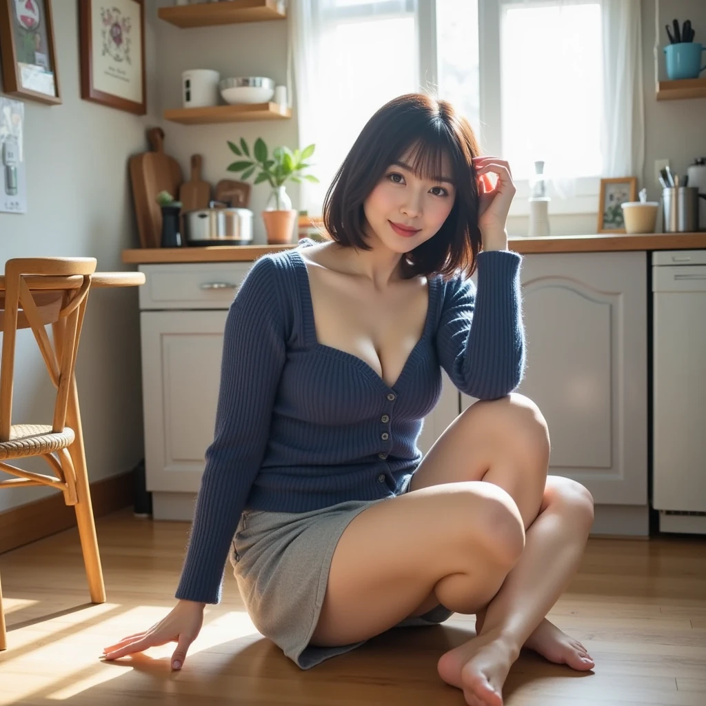 masterpiece, yor, 1girl, Amazing Cleavage:1.3, thin waist, big ass, Raised sexy, medium breast: 1.8 posed cleavage:1.2、solo, looking at viewer, open mouth, have a cup of coffee,black hair, red eyes, dress, bare shoulders, jewelry, collarbone, sidelocks, hairband, earrings, indoors, off shoulder, :o, sweater, arms behind back, plant, short hair with long locks, white hairband, off-shoulder dress, sweater dress, off-shoulder sweater, red sweater, big side hair, very long side hair,is rendered in (masterpiece: 1.2, best quality), with (ultra high resolution) and an exquisite (depth of field). This masterpiece is not only visually stunning but also tells, make of cake cooking ,in the kitchen